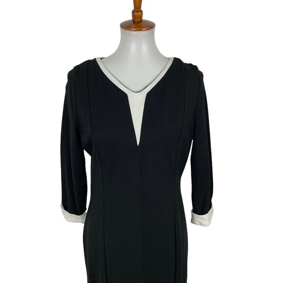 Gyalwana Black V Neck Sheath Dress Contrast Cuffs Midi Length 15 Office Elegant - Picture 2 of 6